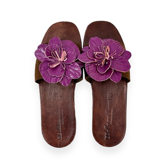 Vintage Shoes - Artisan Handmade Flower Embellished Brown & Purple Flat Leather Sandals